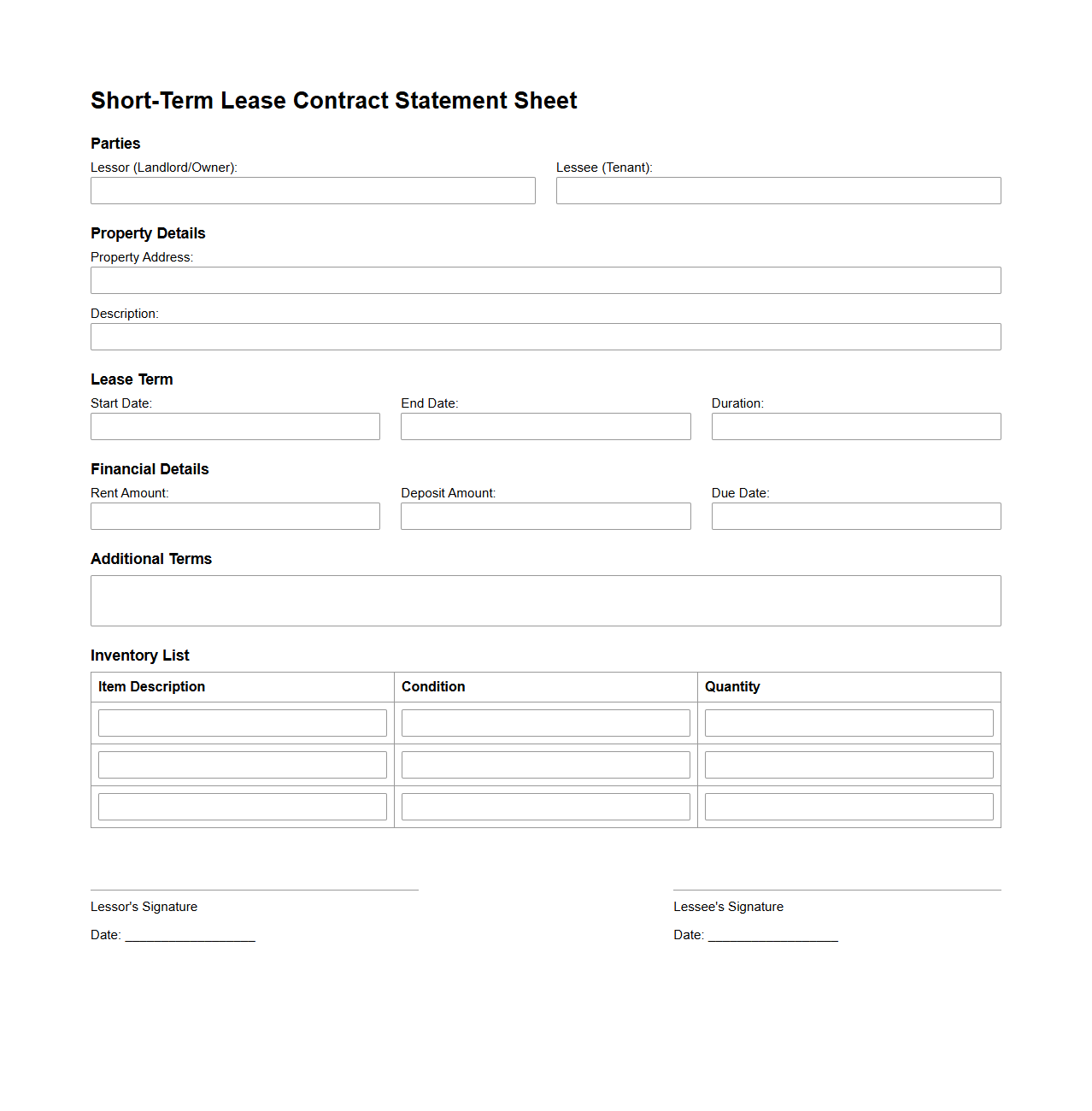 Short-Term Lease Contract Statement Sheet