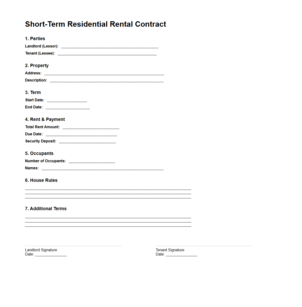 Short-Term Residential Rental Contract Format