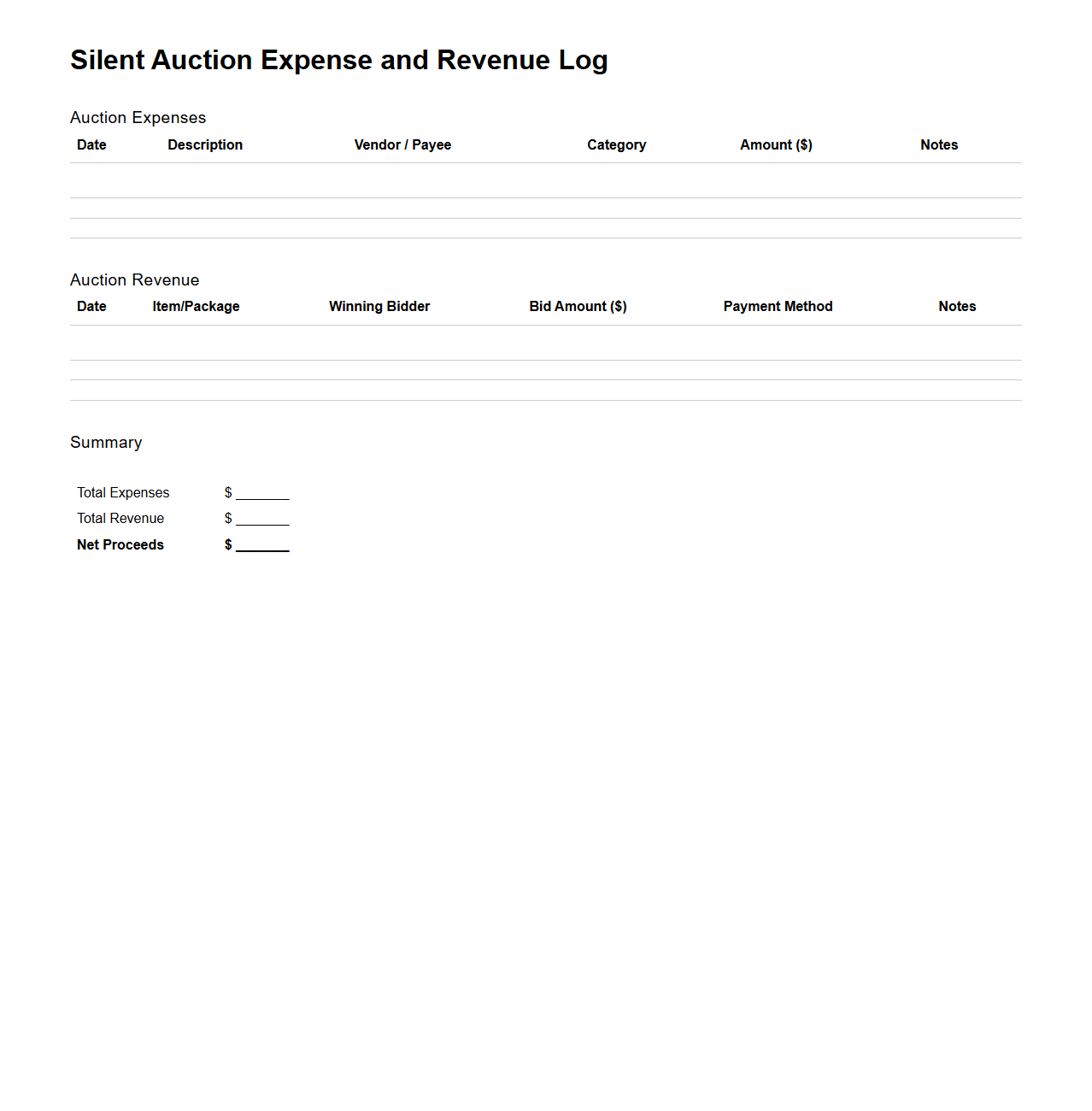 Silent Auction Expense and Revenue Log