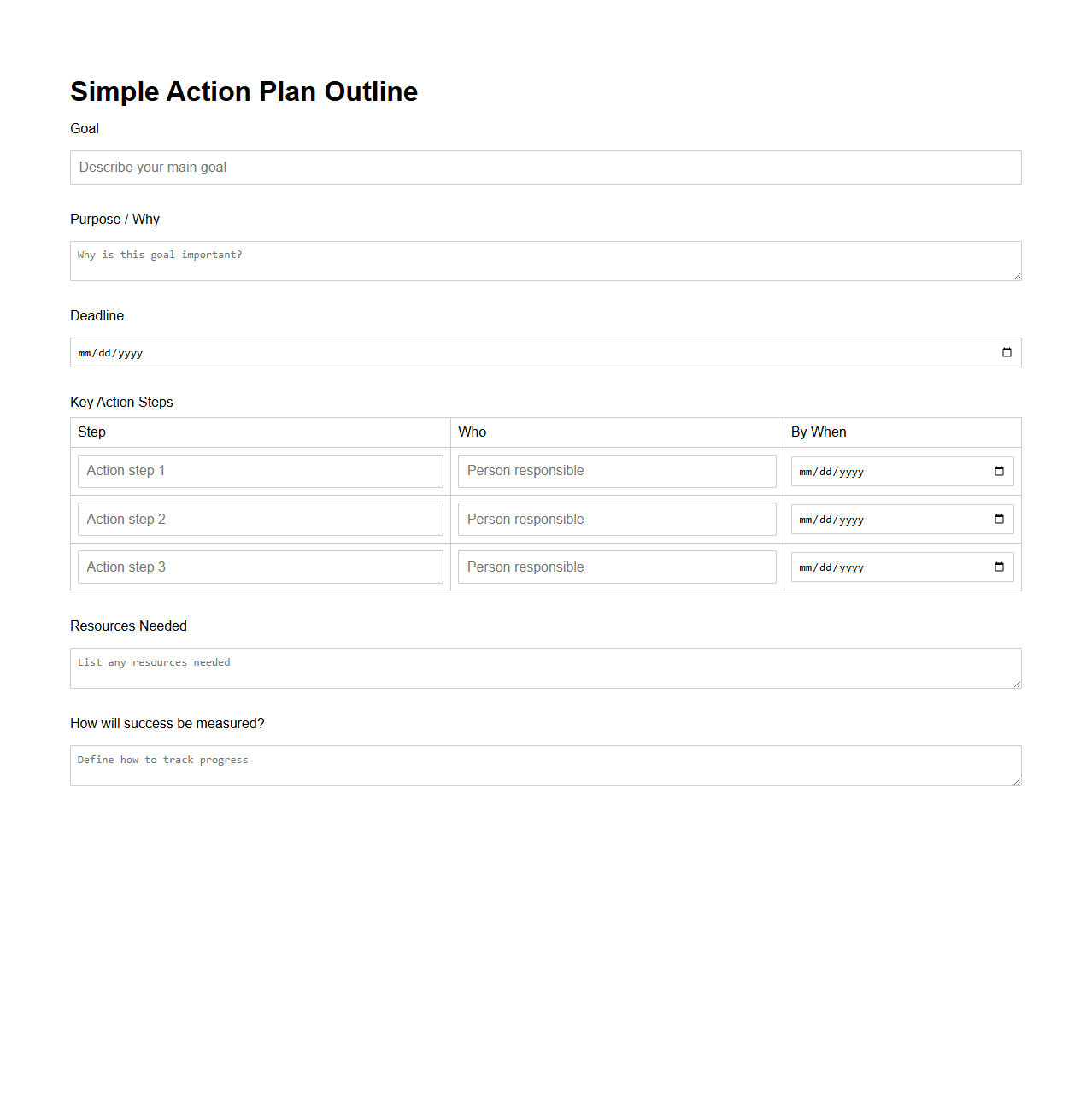 Simple Action Plan Outline for Goal Setting