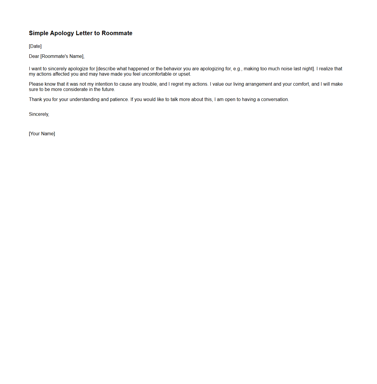 Simple Apology Letter Template for Roommates