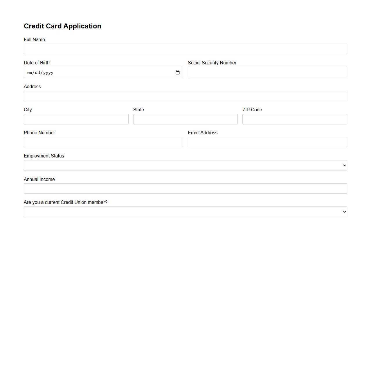 Simple Blank Credit Card Application Form for Credit Unions