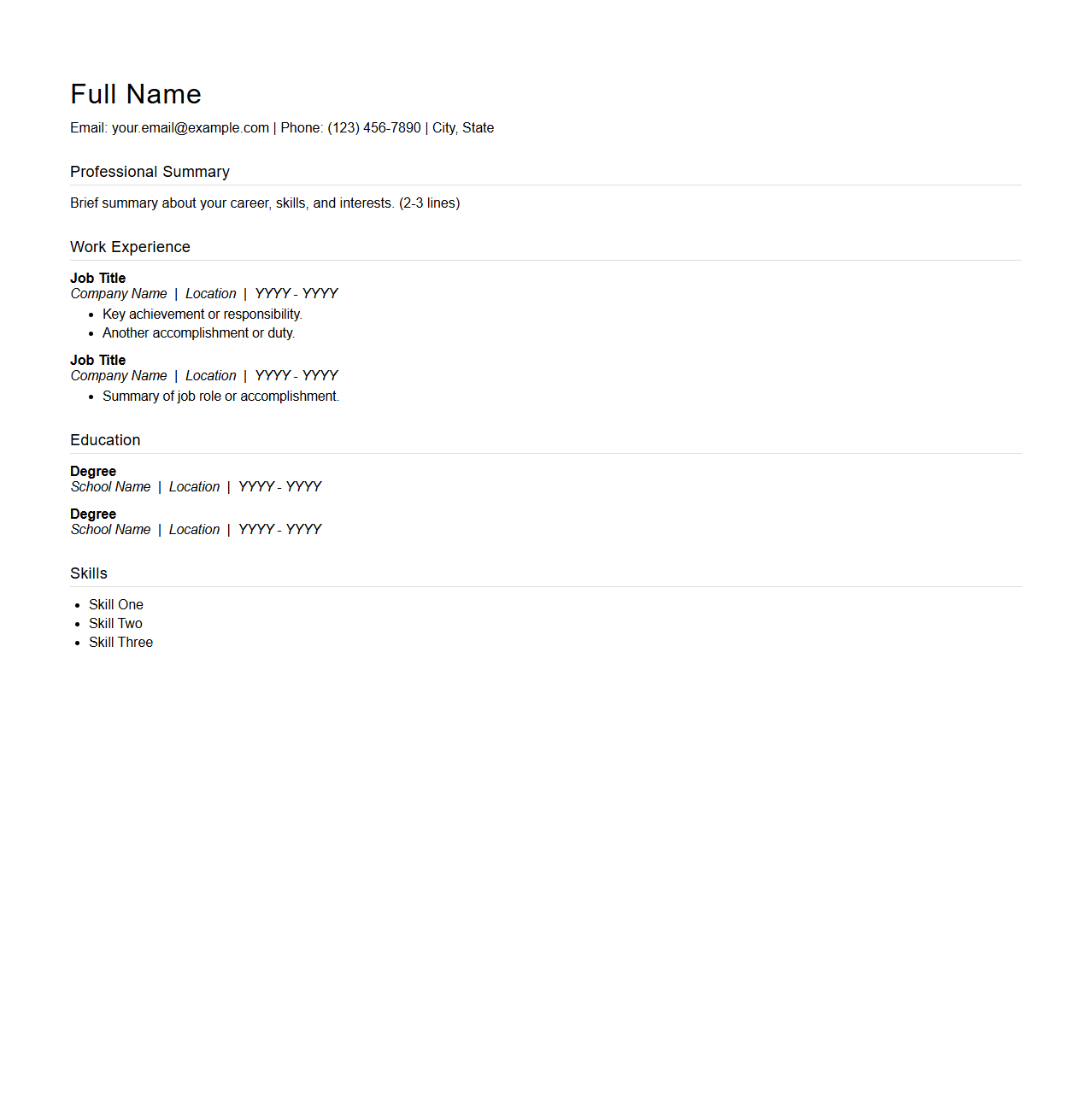 Simple Blank Resume Template for Job Applications