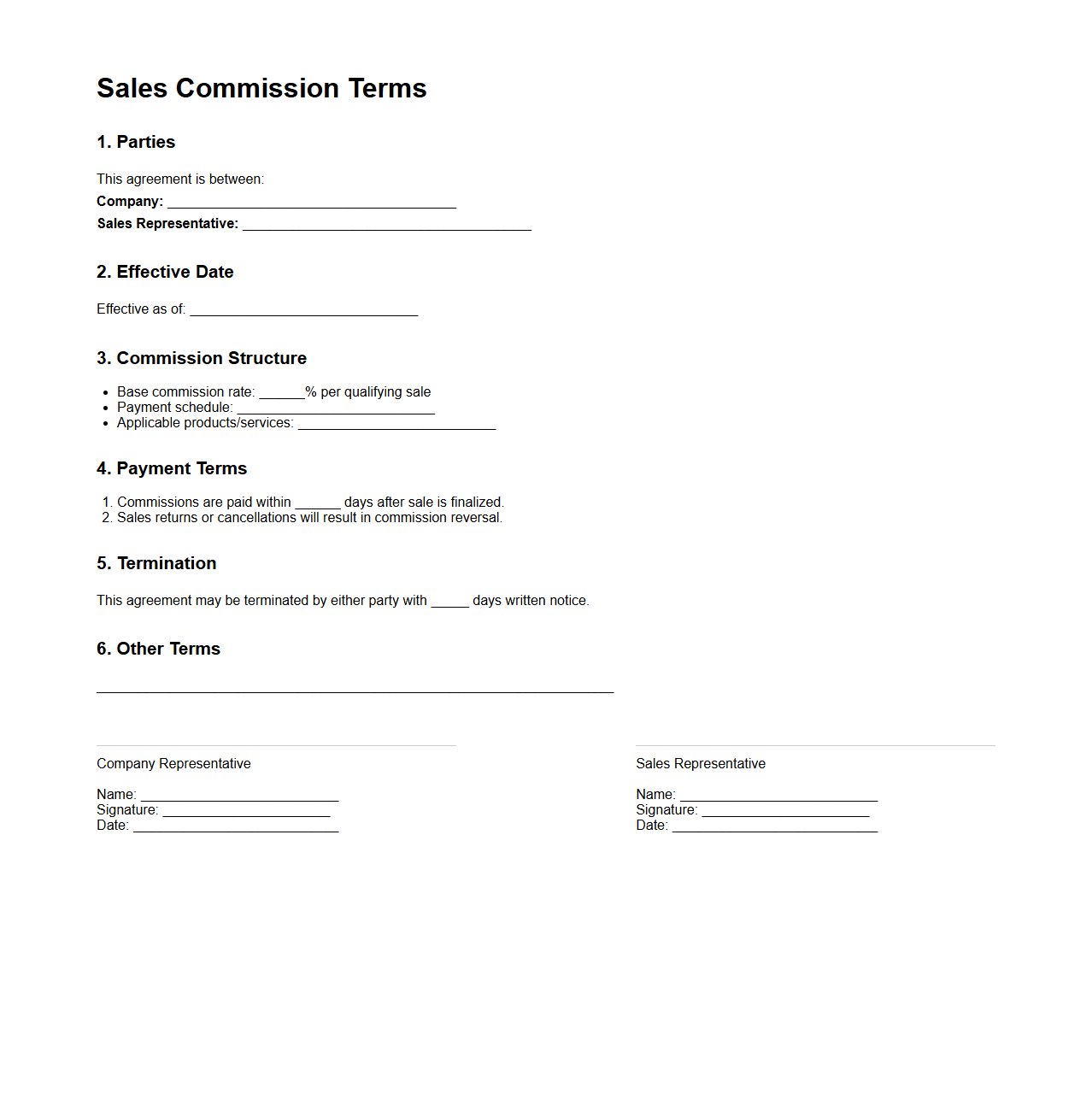 Simple Blank Template for Sales Commission Terms