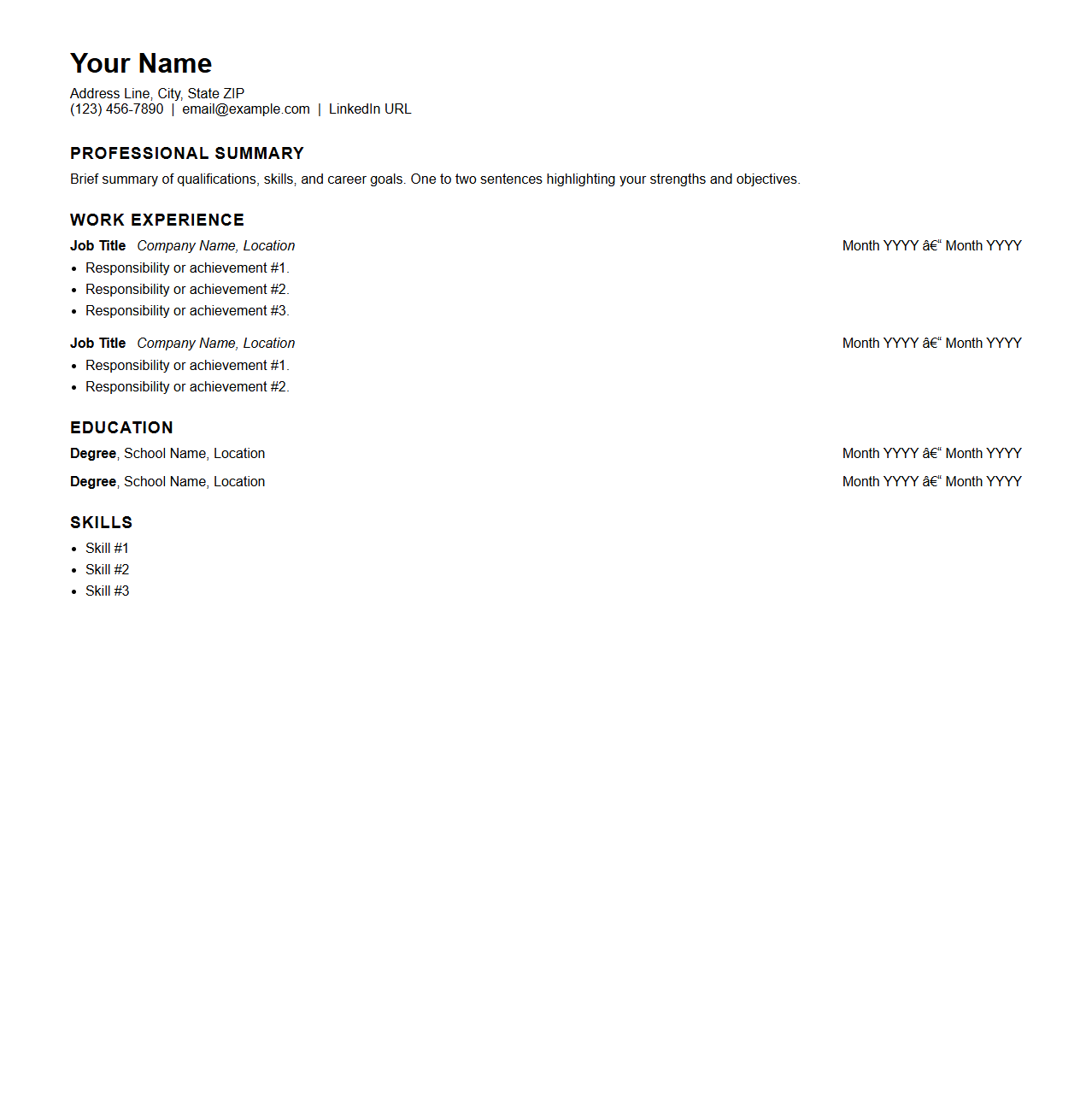 Simple Chronological Resume Format