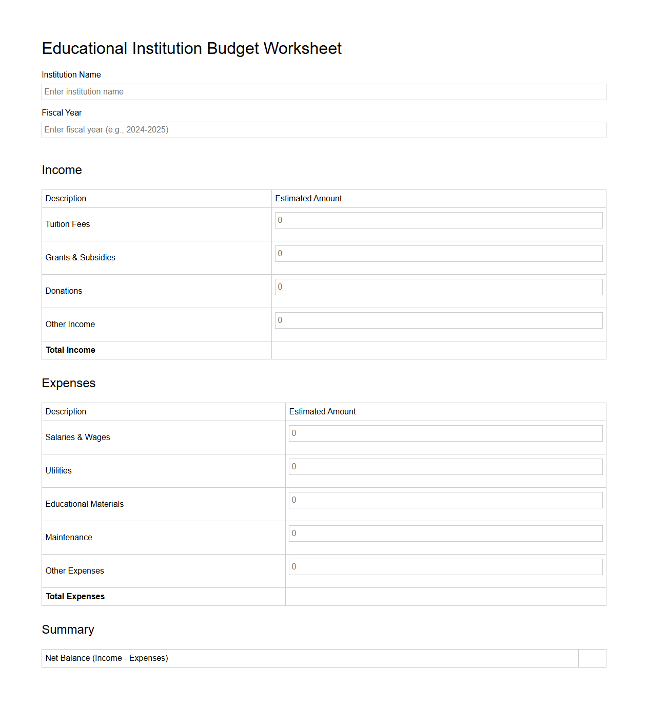 Simple Educational Institution Budget Worksheet