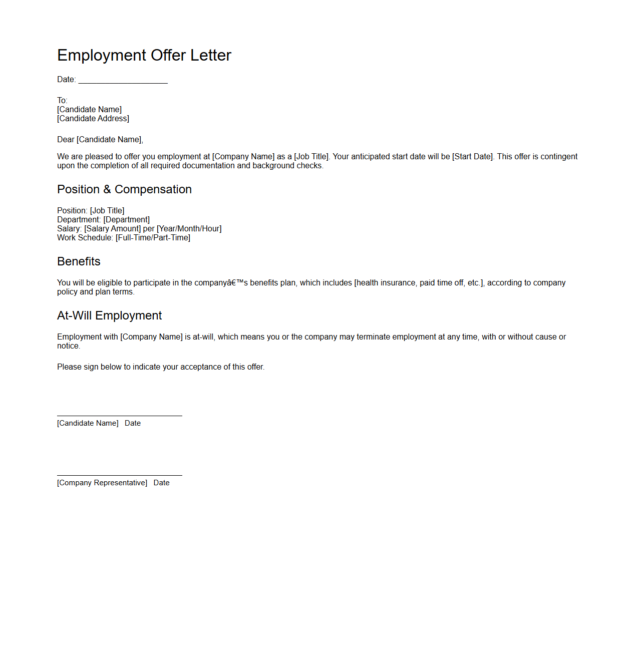 Simple Employment Offer Letter Template