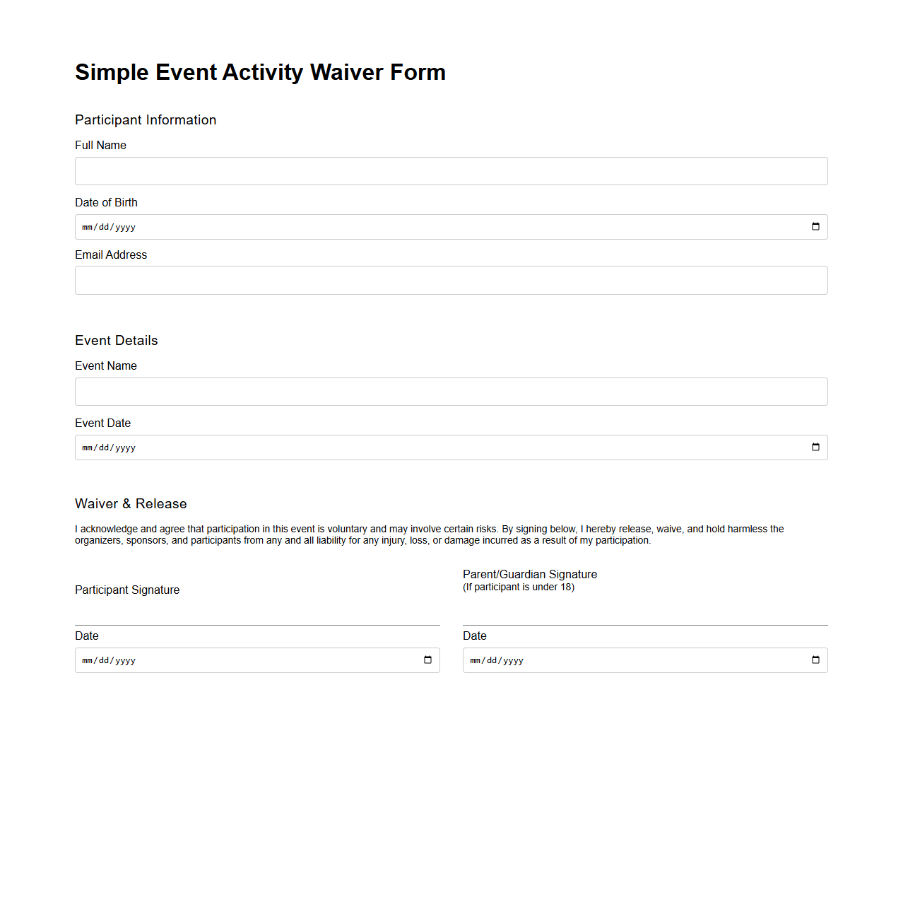 Simple Event Activity Waiver Form