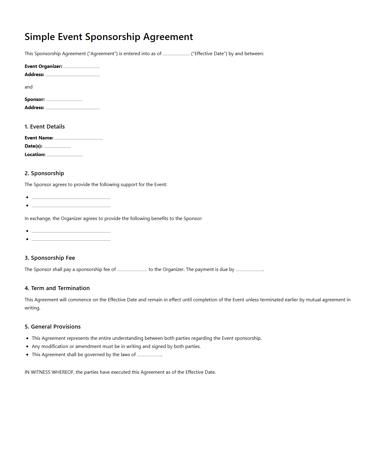 Simple Event Sponsorship Agreement Template