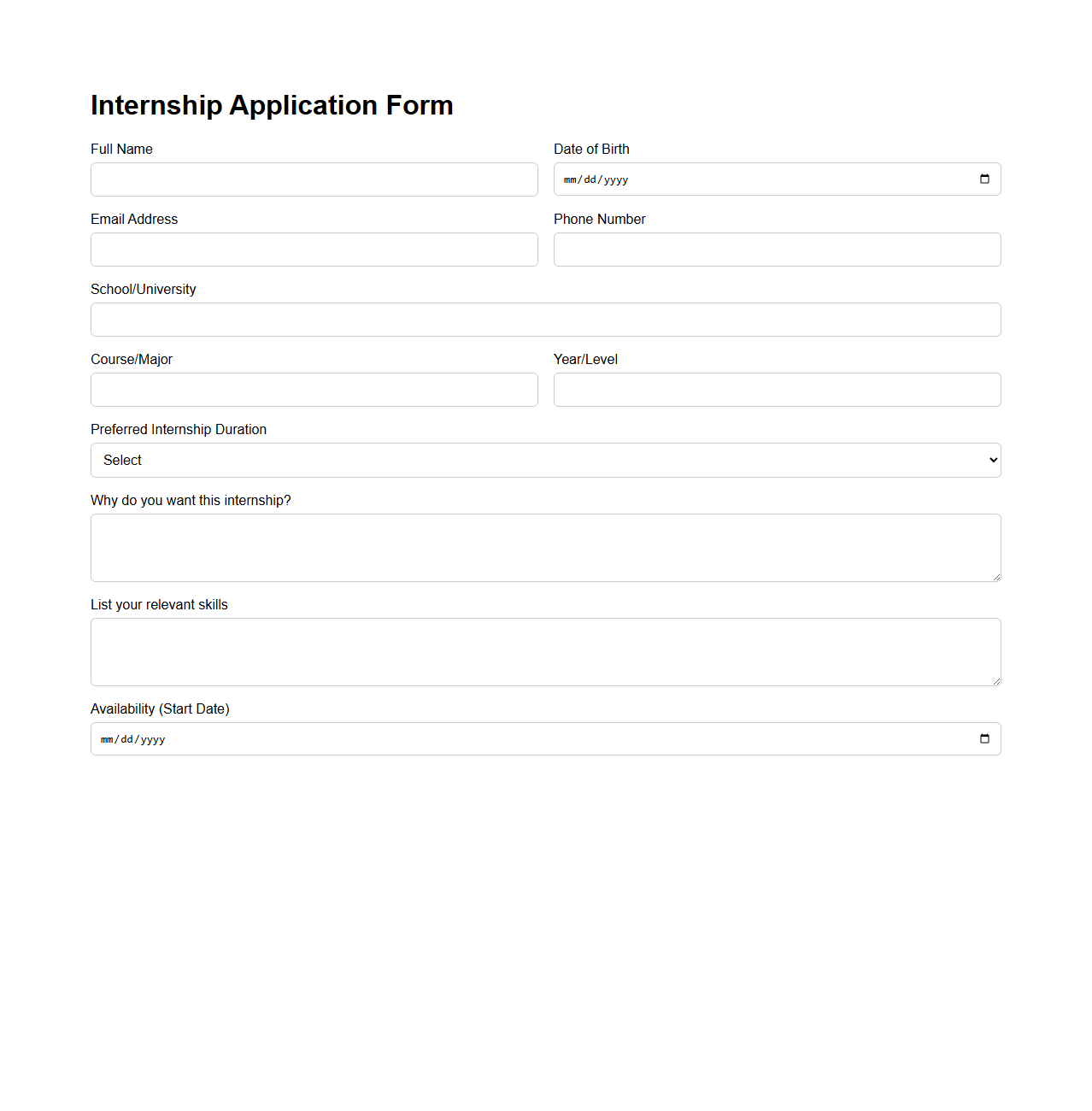 Simple Internship Application Form for Students