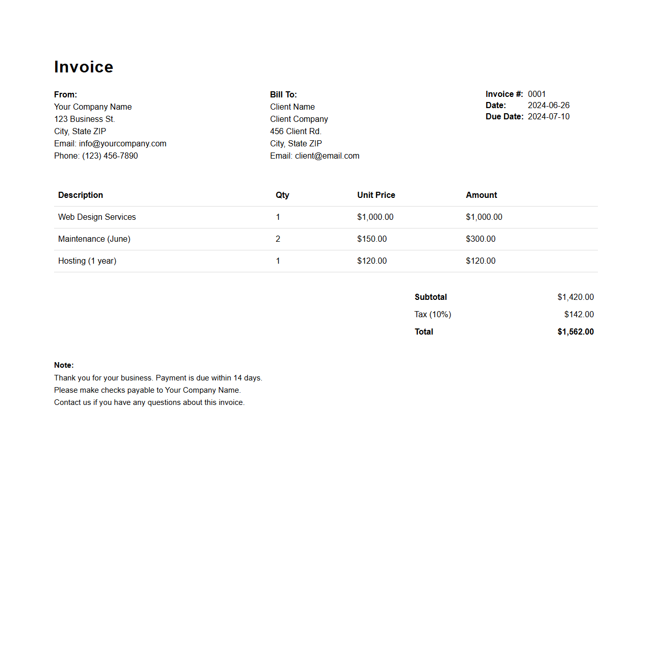 Simple Invoice Template for Small Businesses