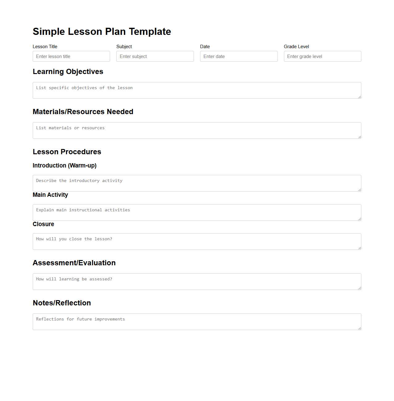 Simple Lesson Plan Template for Classroom Instruction