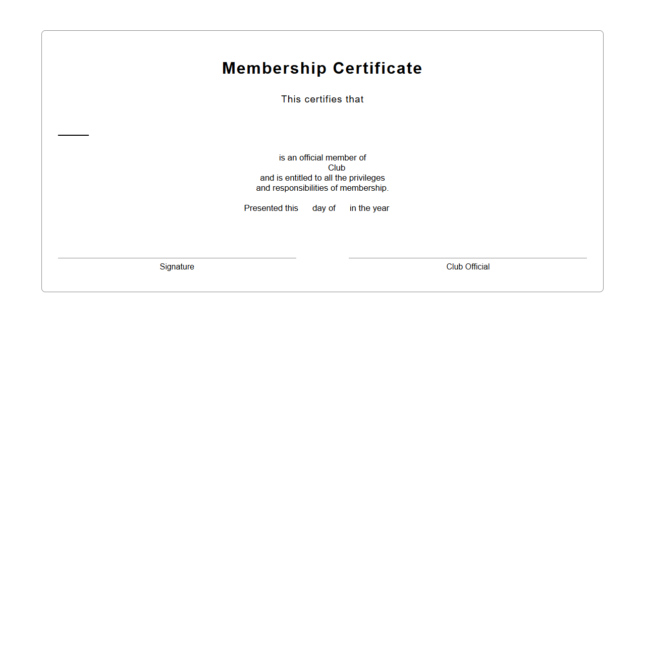 Simple Membership Certificate Template for Clubs