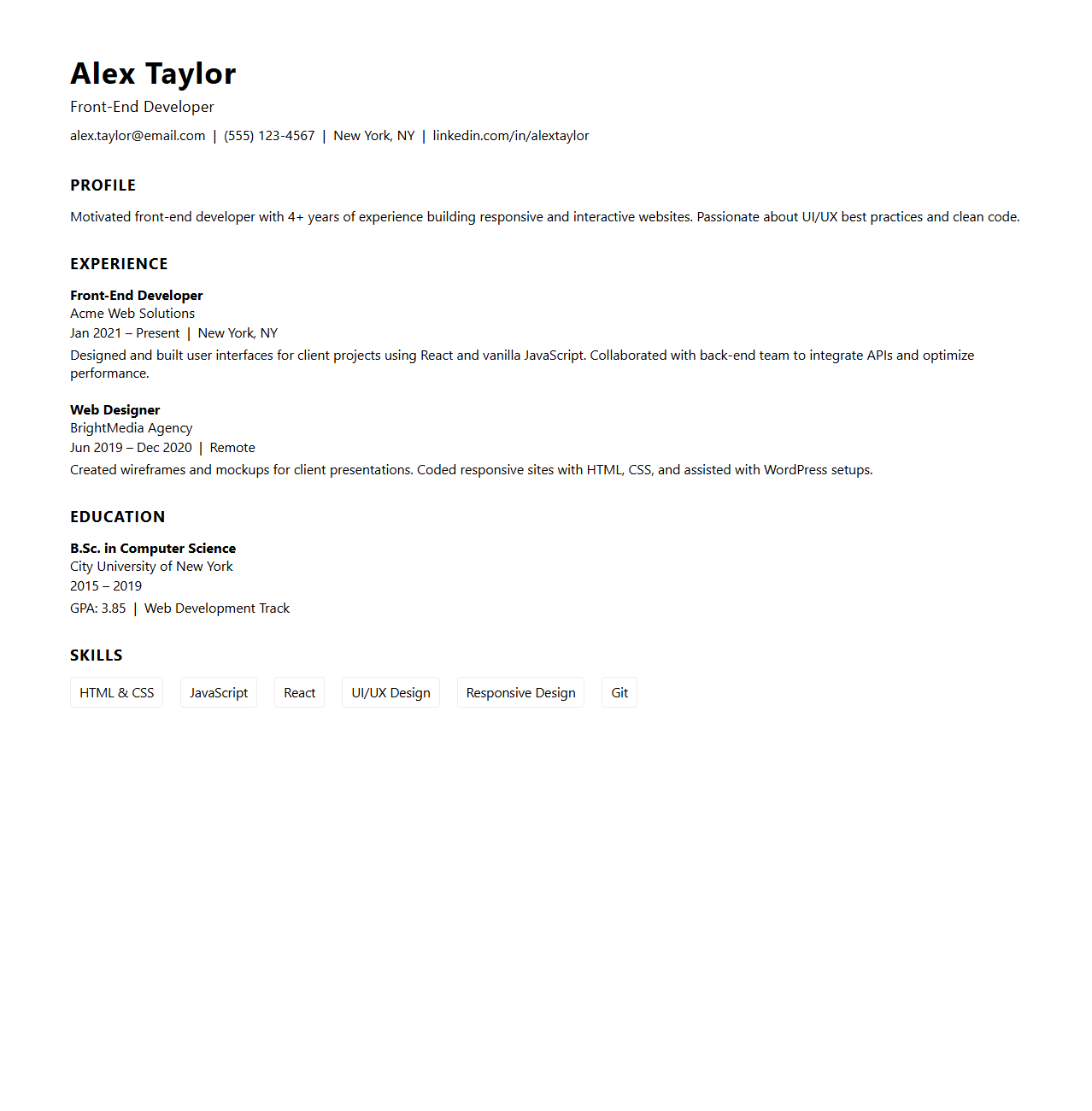 Simple Modern Resume Layout for Job Applications