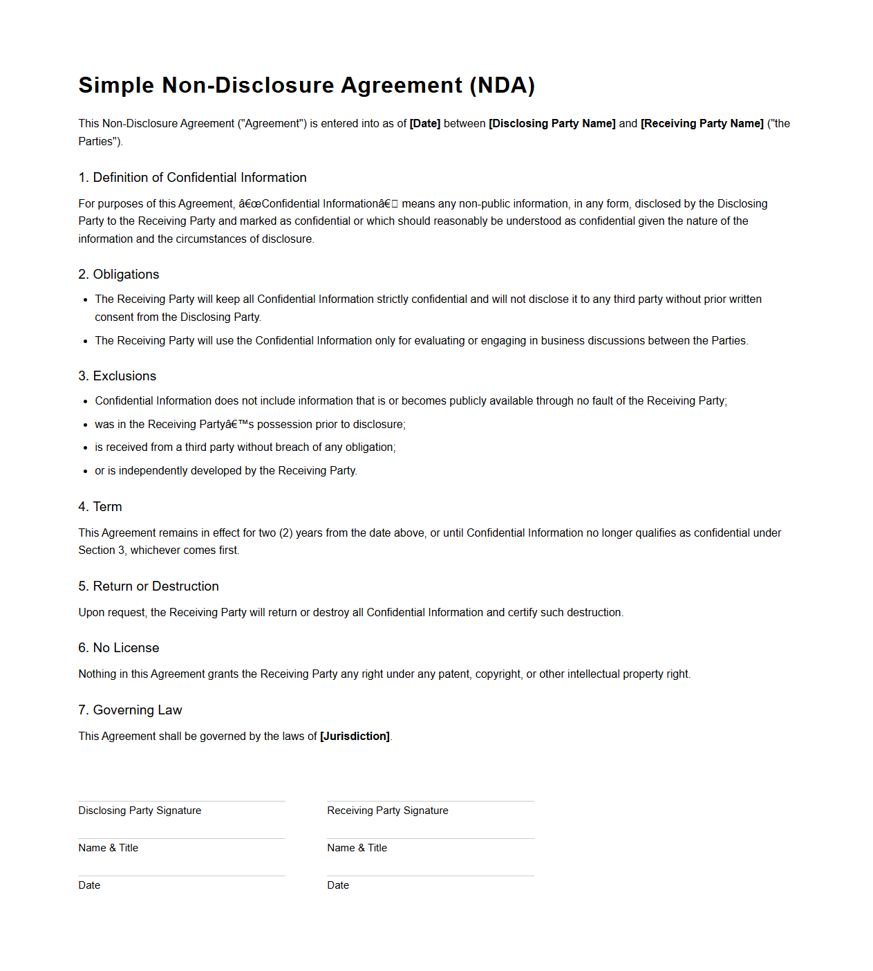 Simple Non-Disclosure Agreement for Business Deals