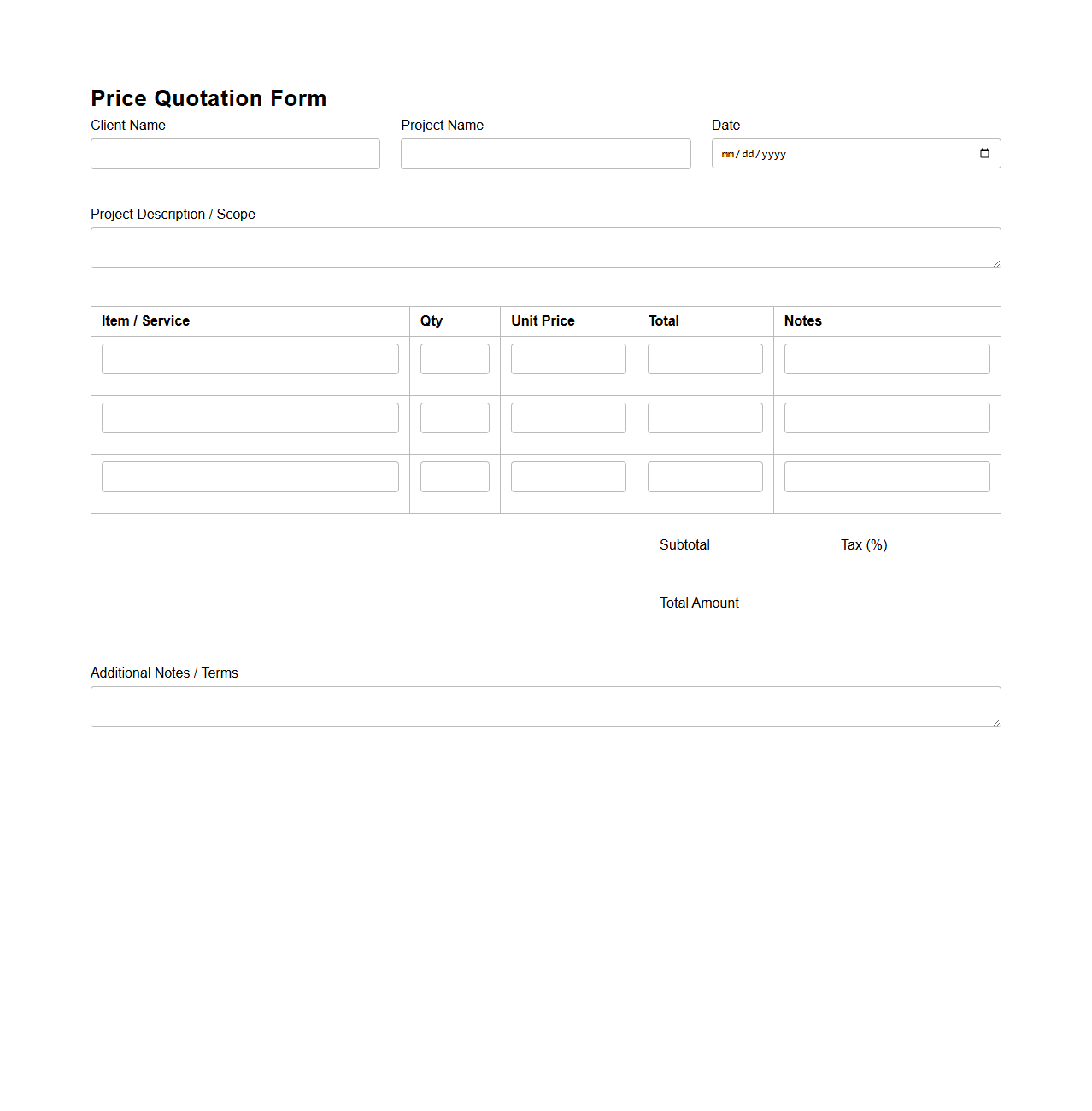 Simple Price Quotation Form for Project Estimates