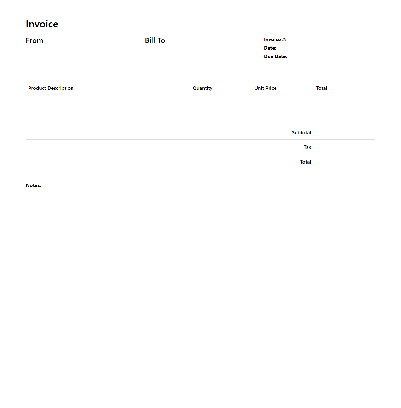 Simple Product Invoice Blank Template