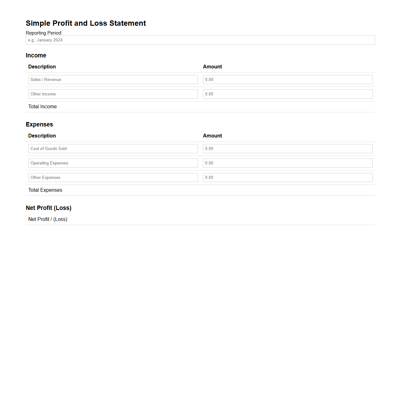Simple Profit and Loss Statement Template