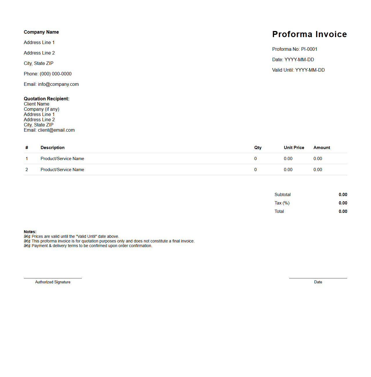 Simple Proforma Invoice for Quotation Requests