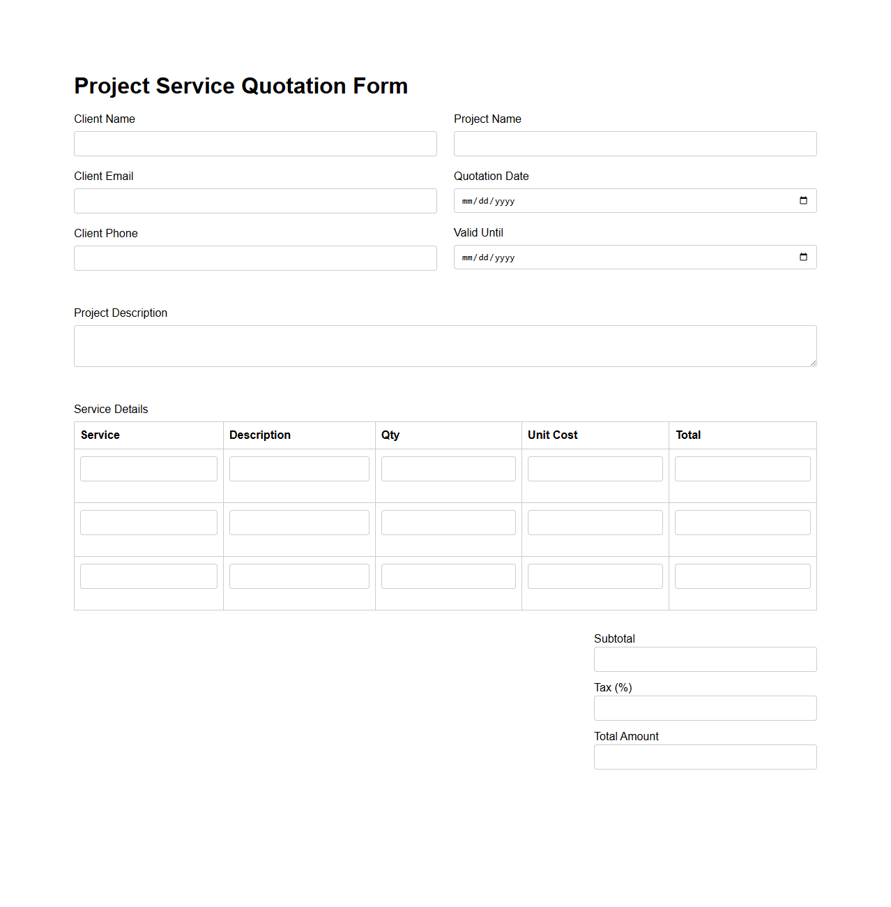 Simple Project Service Quotation Form