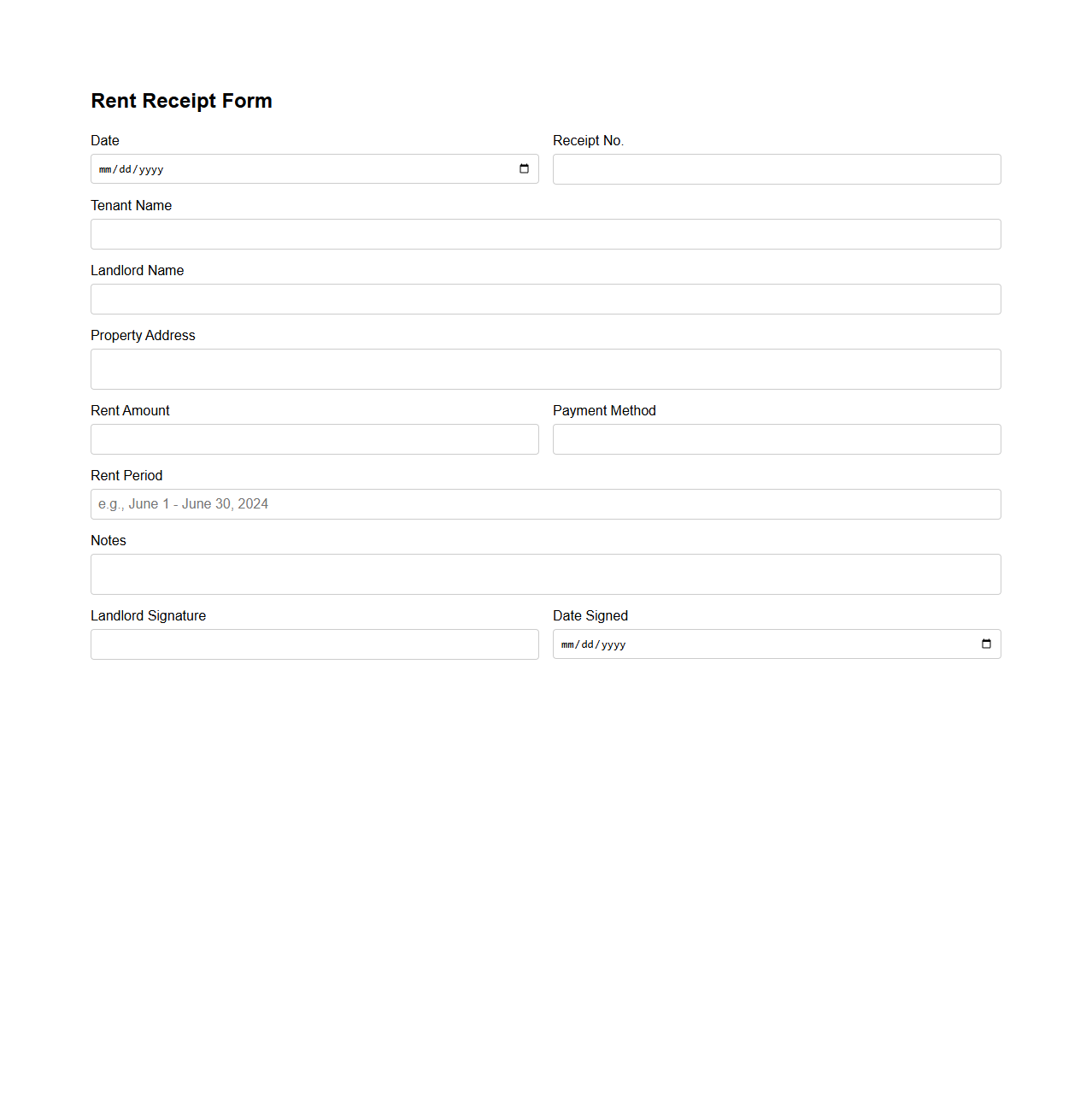 Simple Rent Receipt Form for Landlords