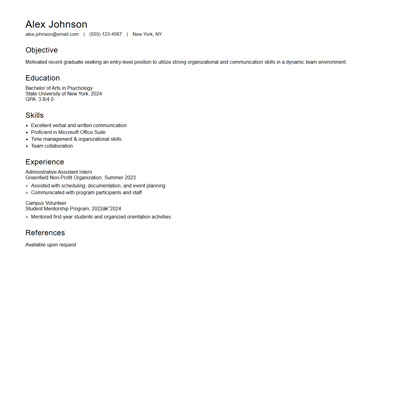Simple Resume Format for Entry-Level Applicants