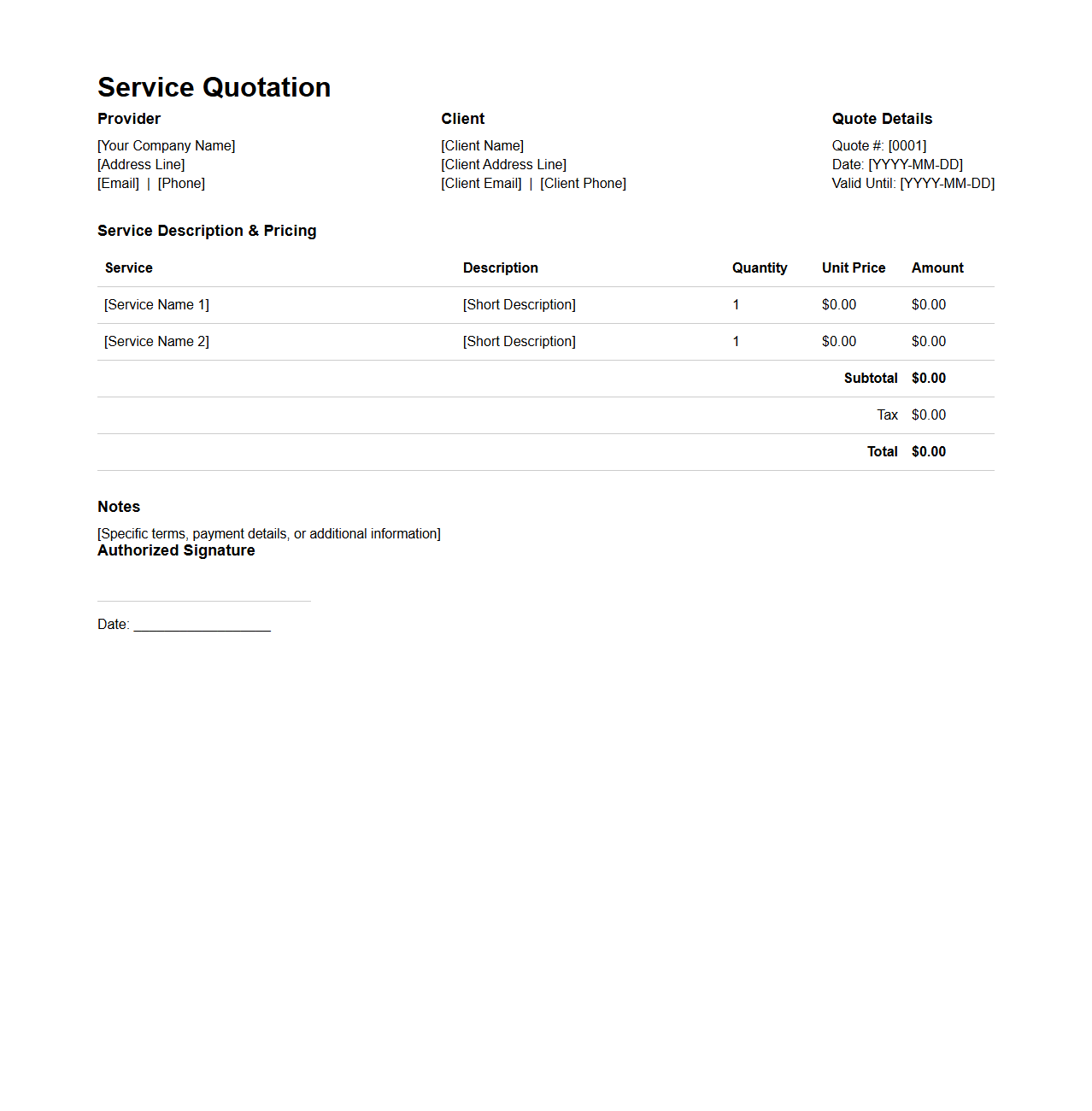 Simple Service Price Quotation Template