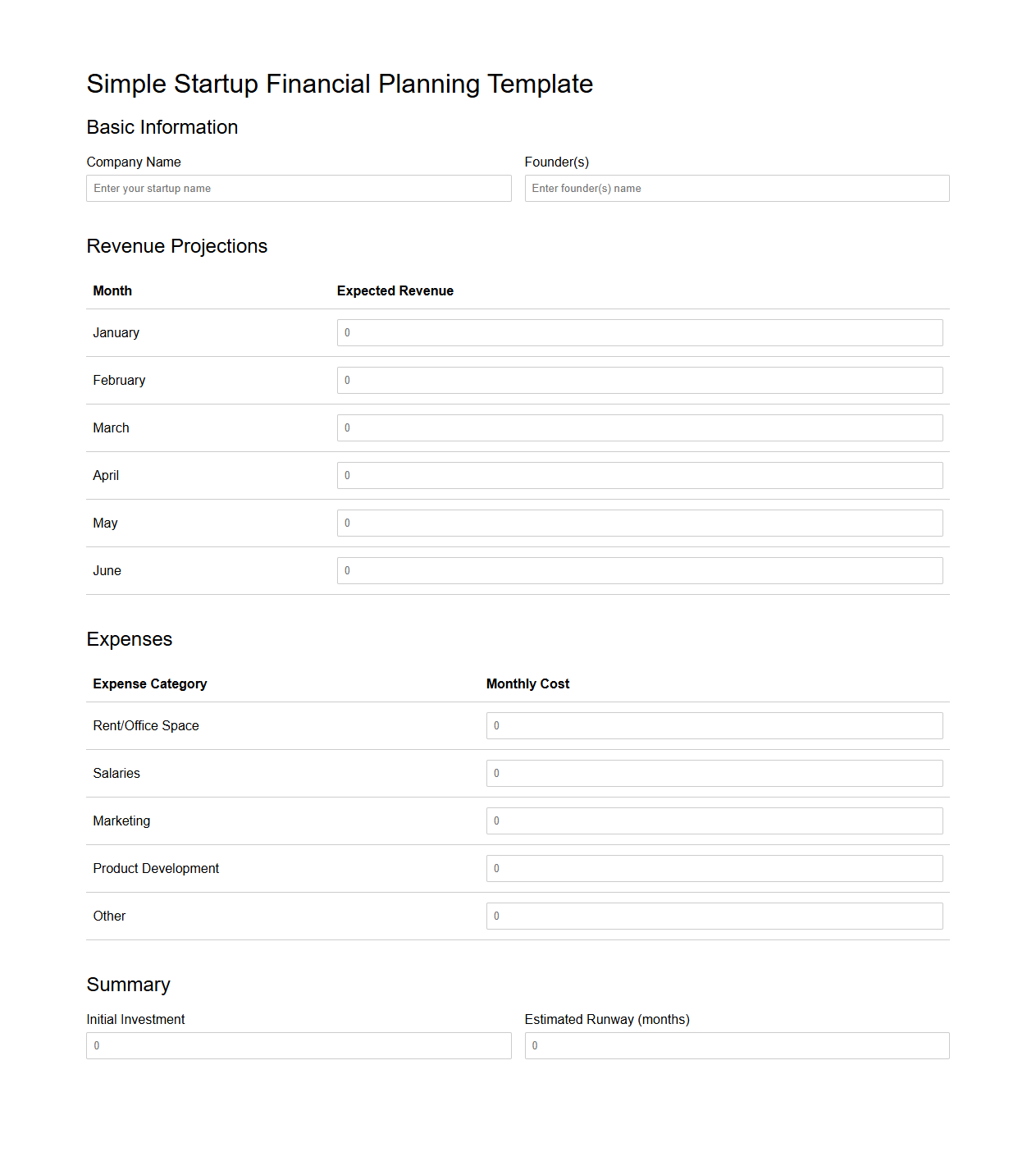 Simple Startup Financial Planning Template