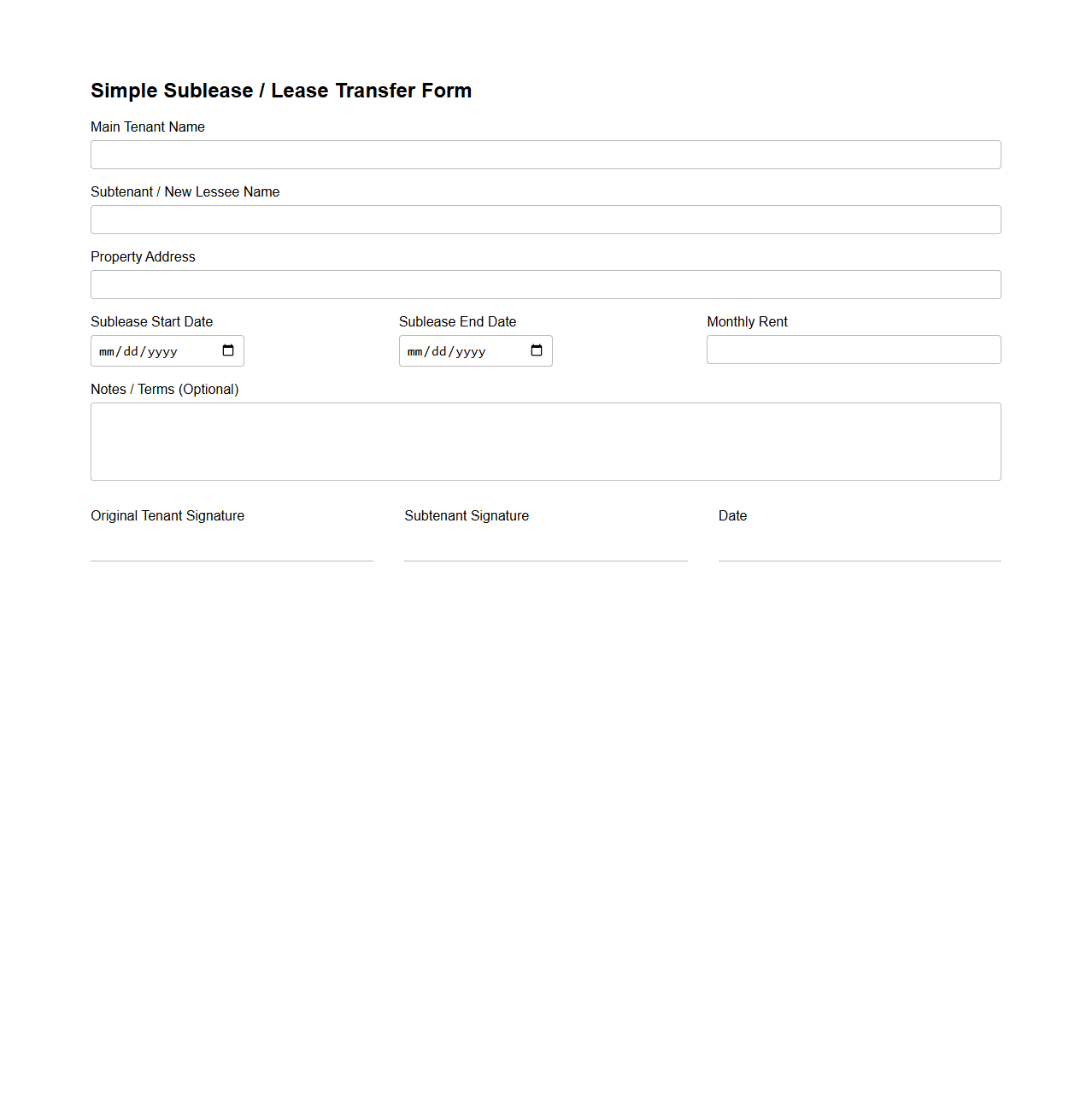Simple Sublease Lease Transfer Form