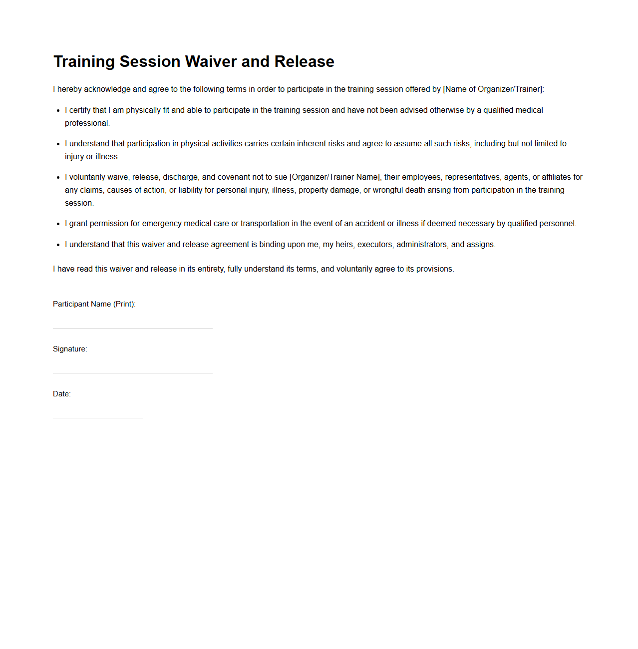 Simple Training Session Waiver and Release Template