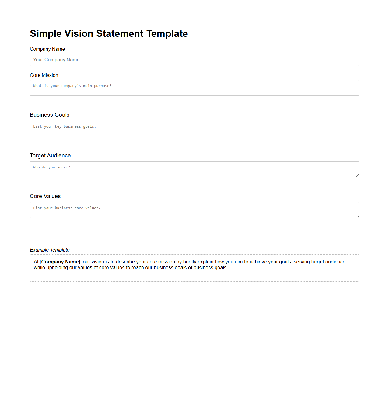 Simple Vision Statement Template for Business Goals
