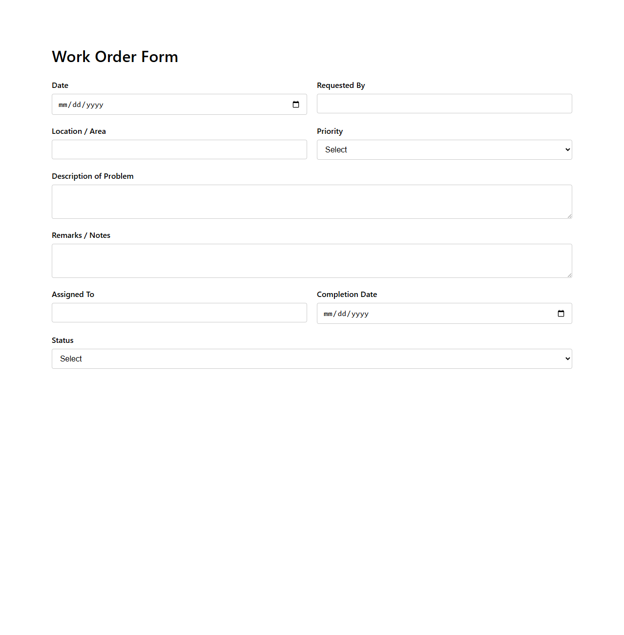 Simple Work Order Form for Maintenance Requests