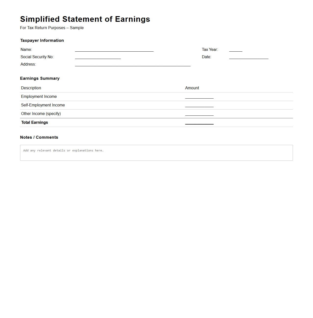 Simplified Statement of Earnings for Tax Returns