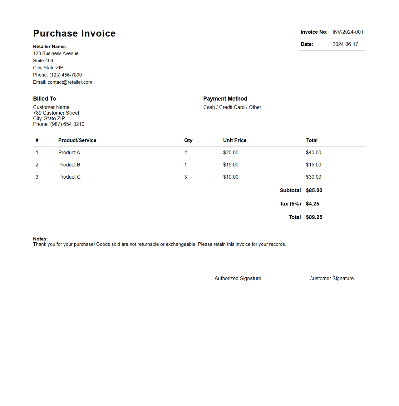 Single Transaction Purchase Invoice for Retailers