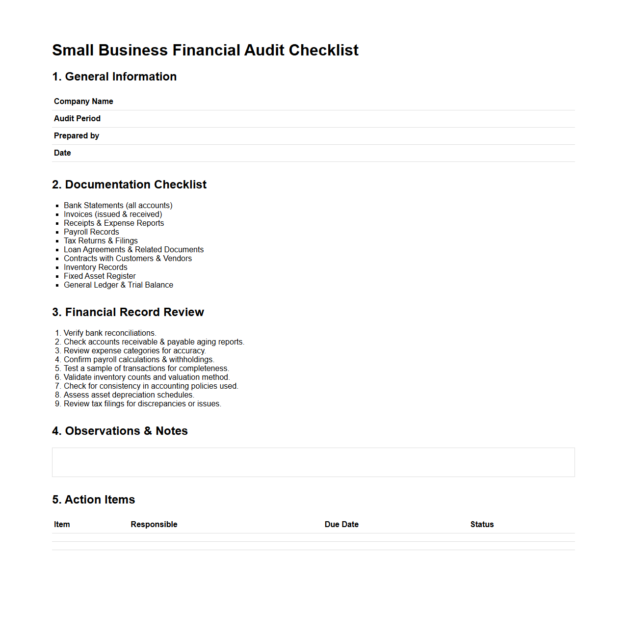 Small Business Financial Audit Checklist Template