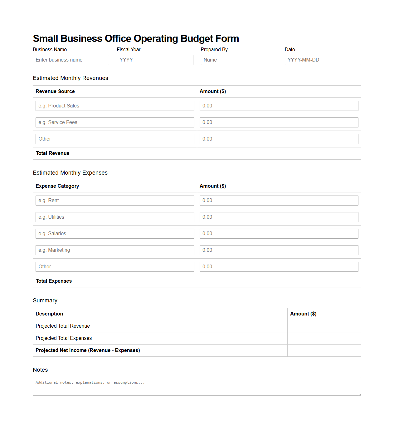 Small Business Office Operating Budget Form