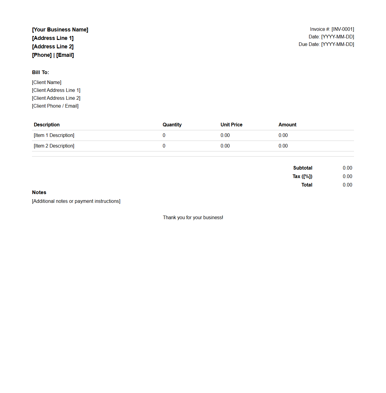 Small Business Sales Invoice Format