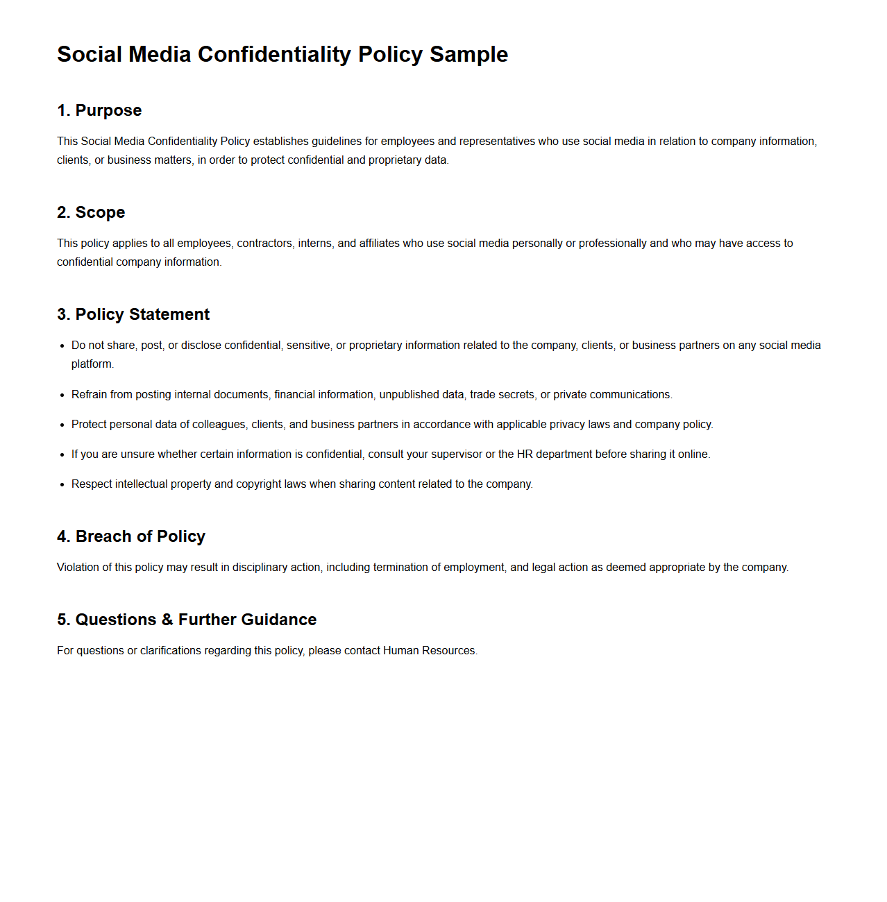 Social Media Confidentiality Policy Sample