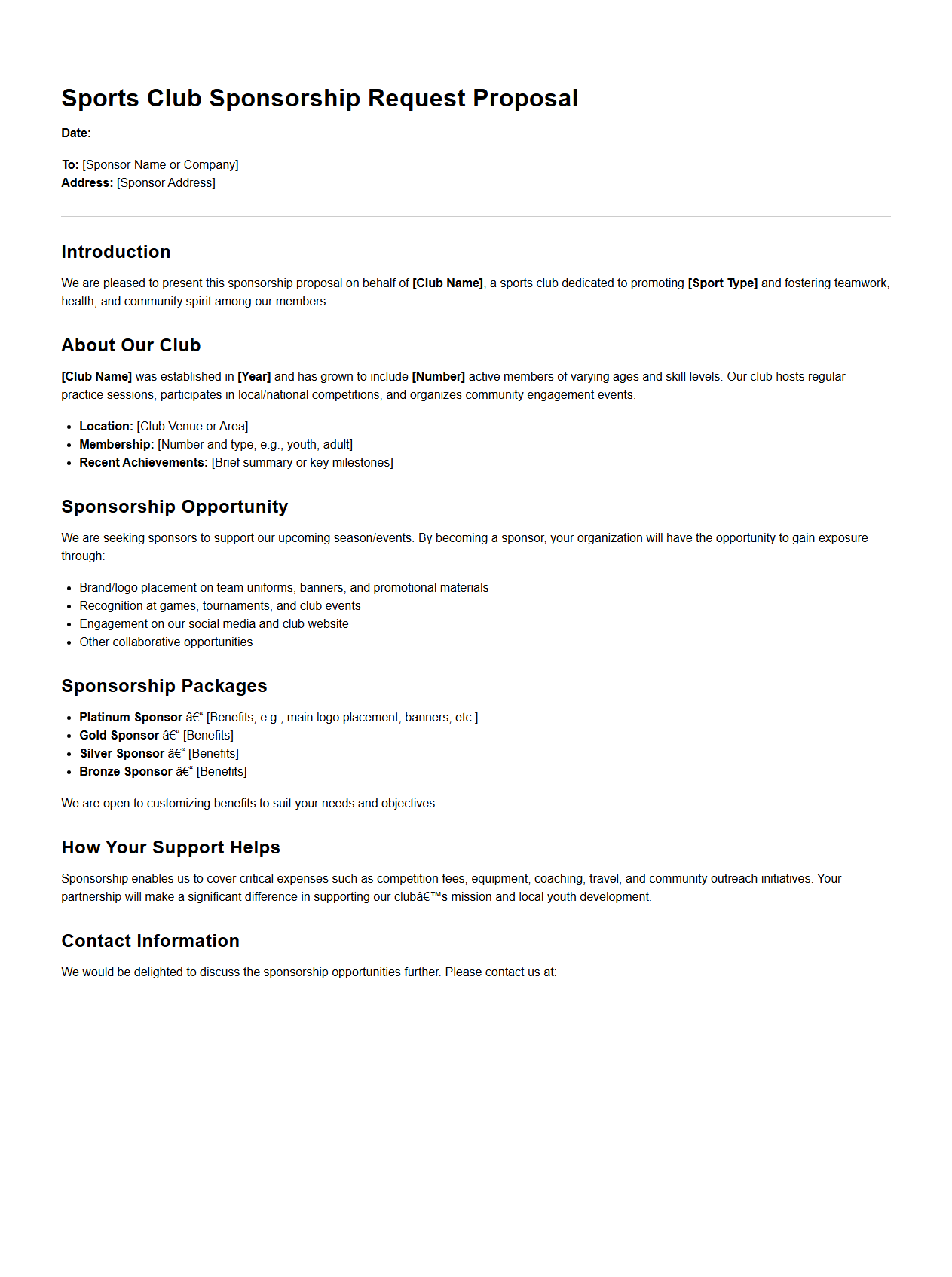 Sports Club Sponsorship Request Proposal Template