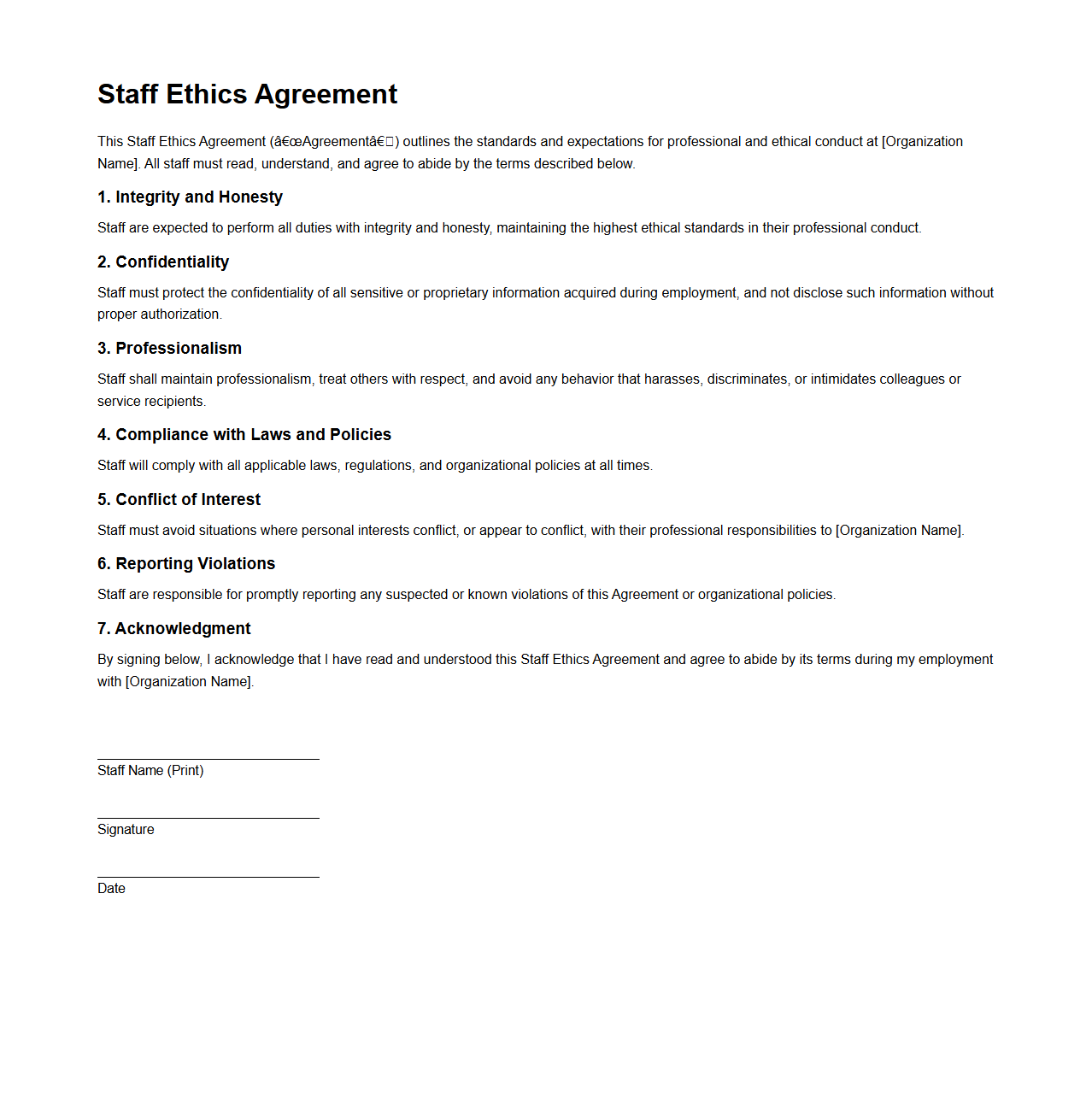 Staff Ethics Agreement Template