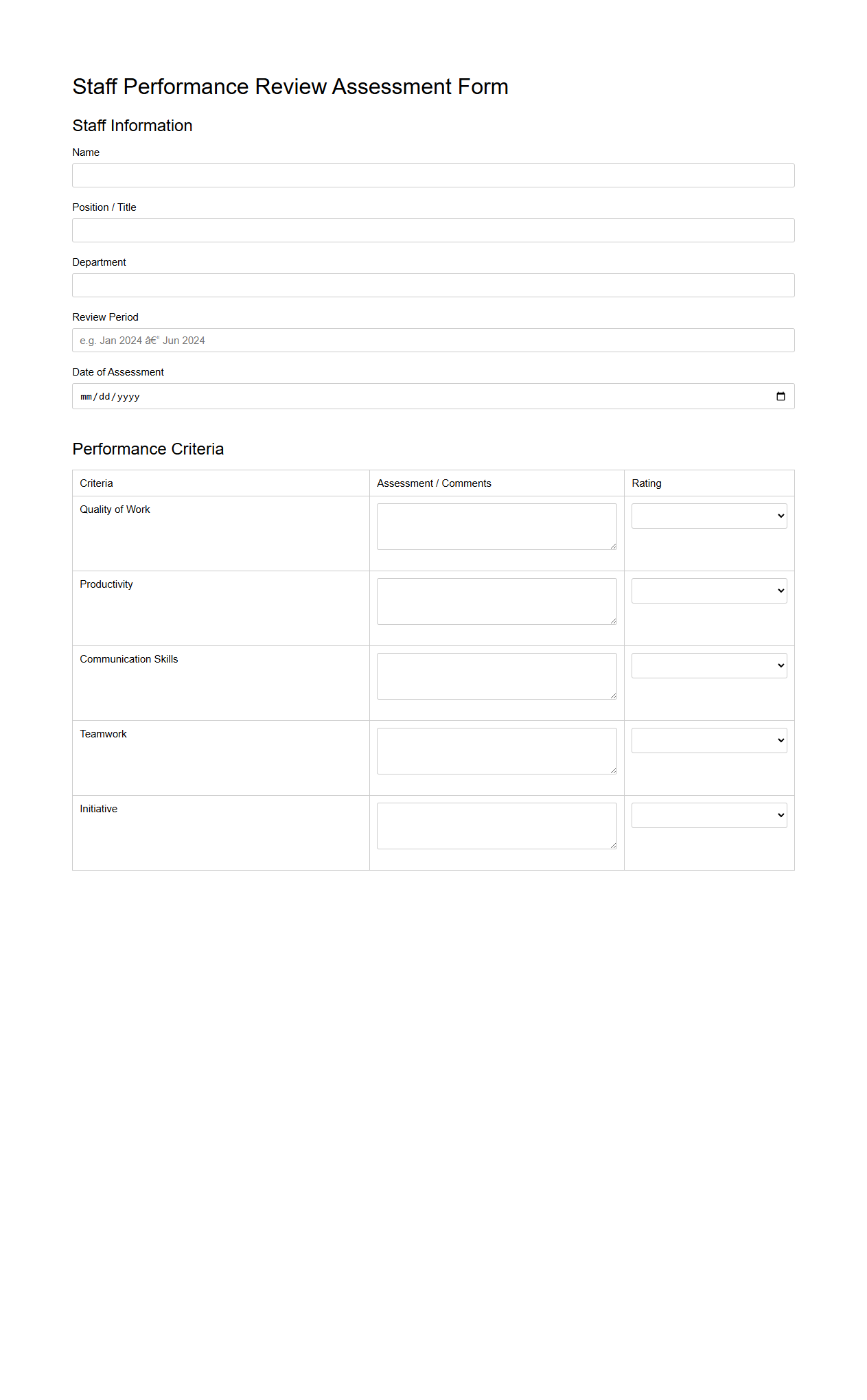 Staff Performance Review Assessment Blank Form