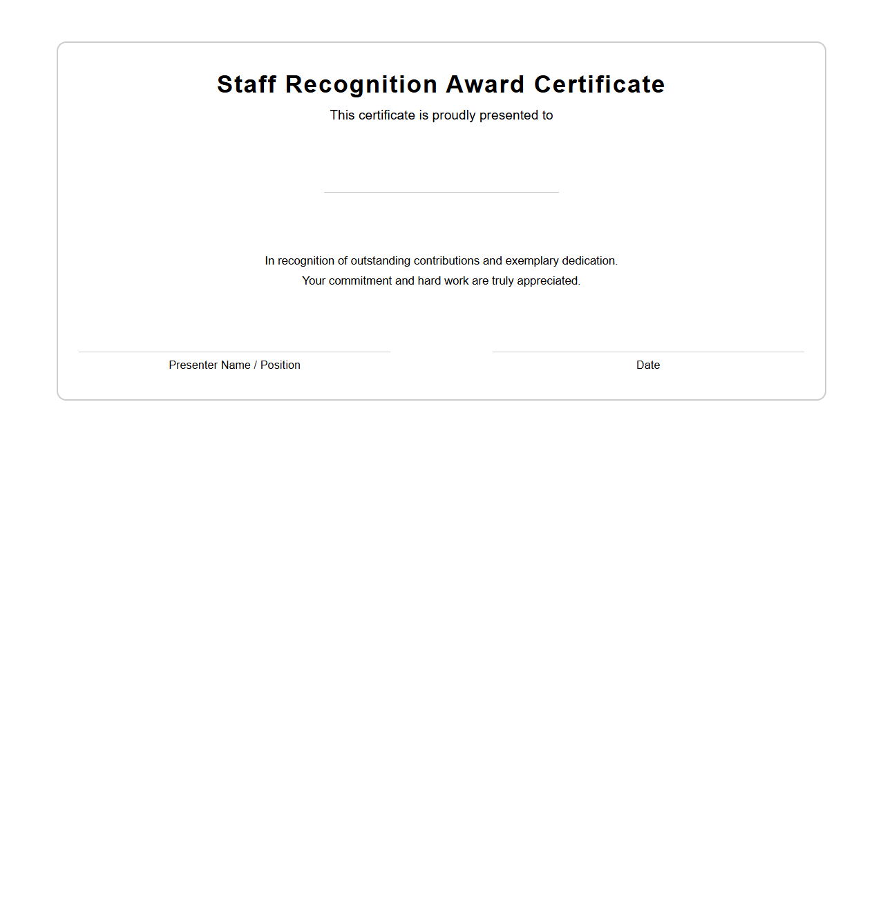 Staff Recognition Award Certificate Outline