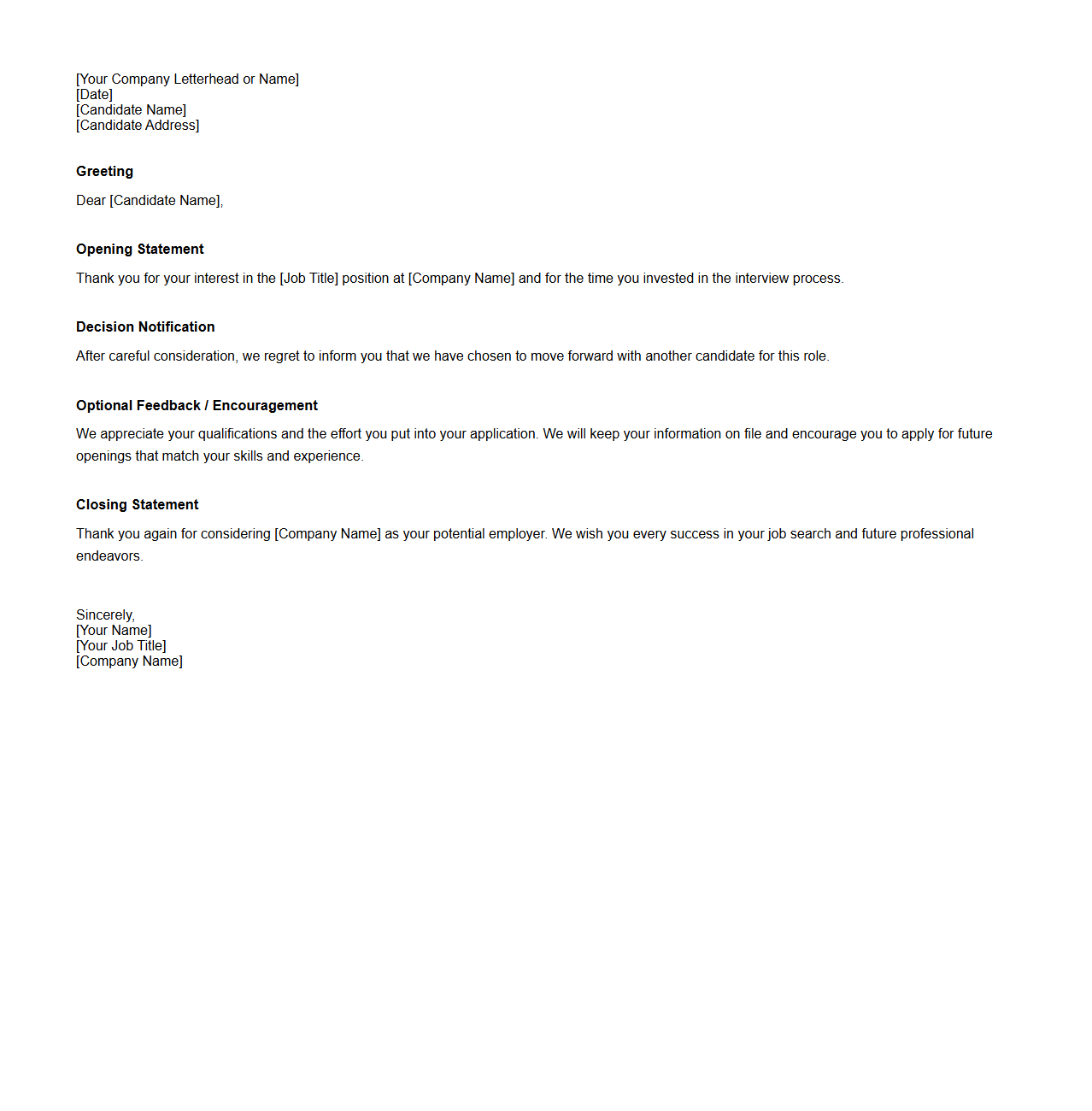 Standard Candidate Rejection Letter Outline