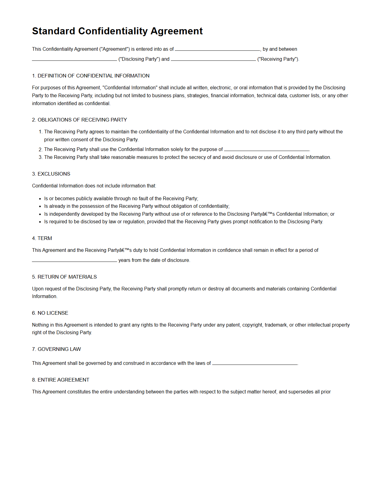 Standard Confidentiality Agreement Template