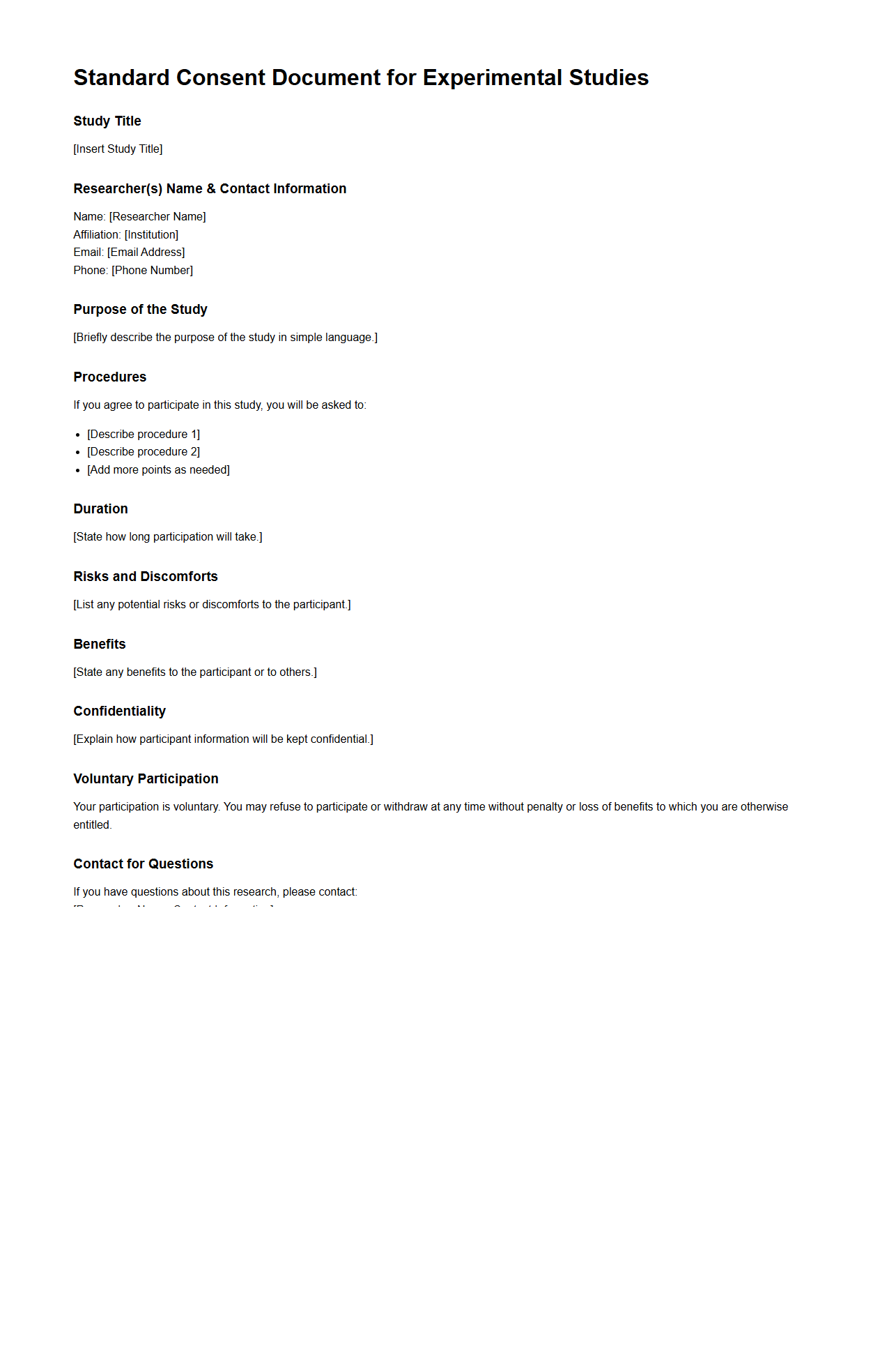 Standard Consent Document Format for Experimental Studies
