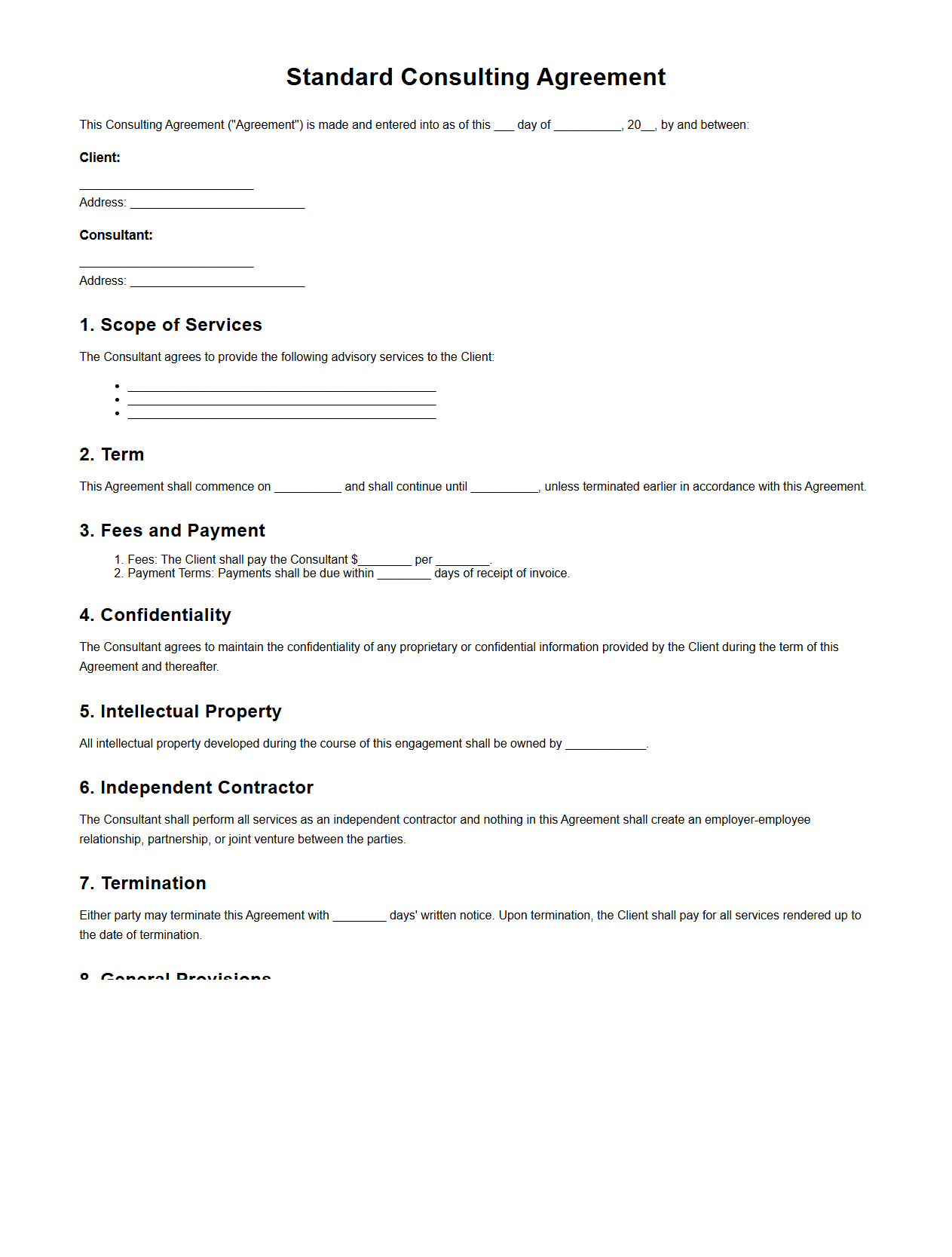 Standard Consulting Agreement for Advisory Projects