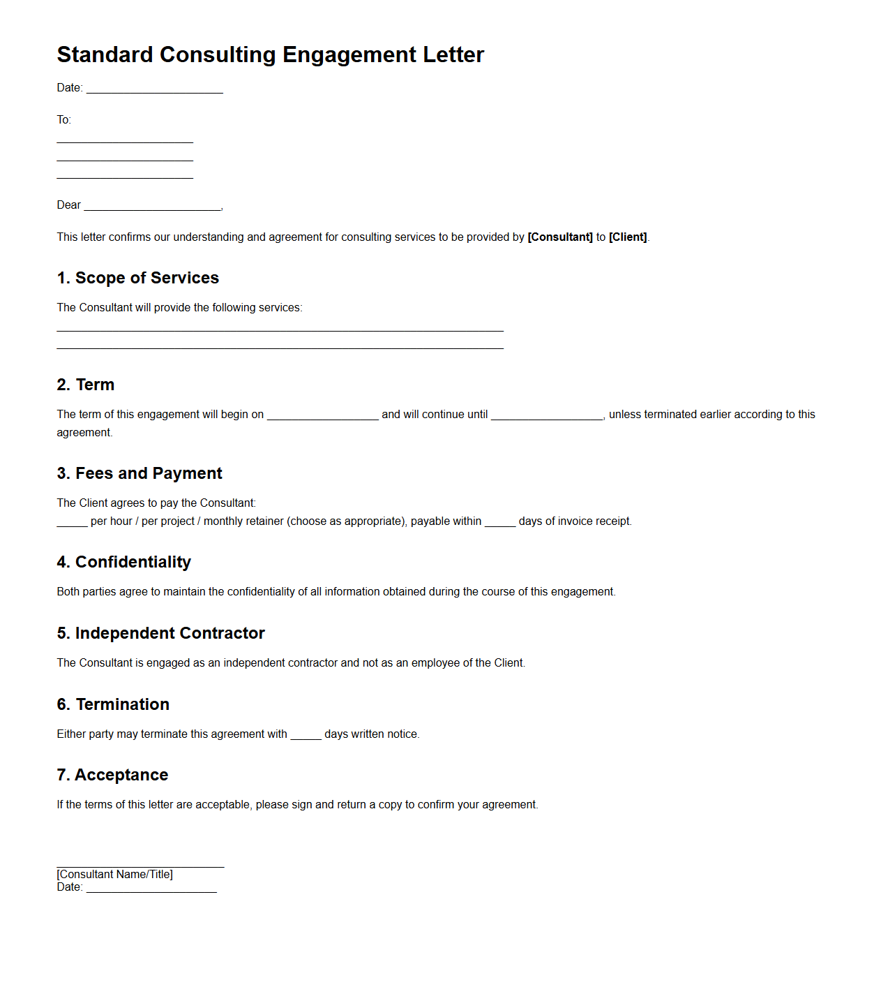 Standard Consulting Engagement Letter Template