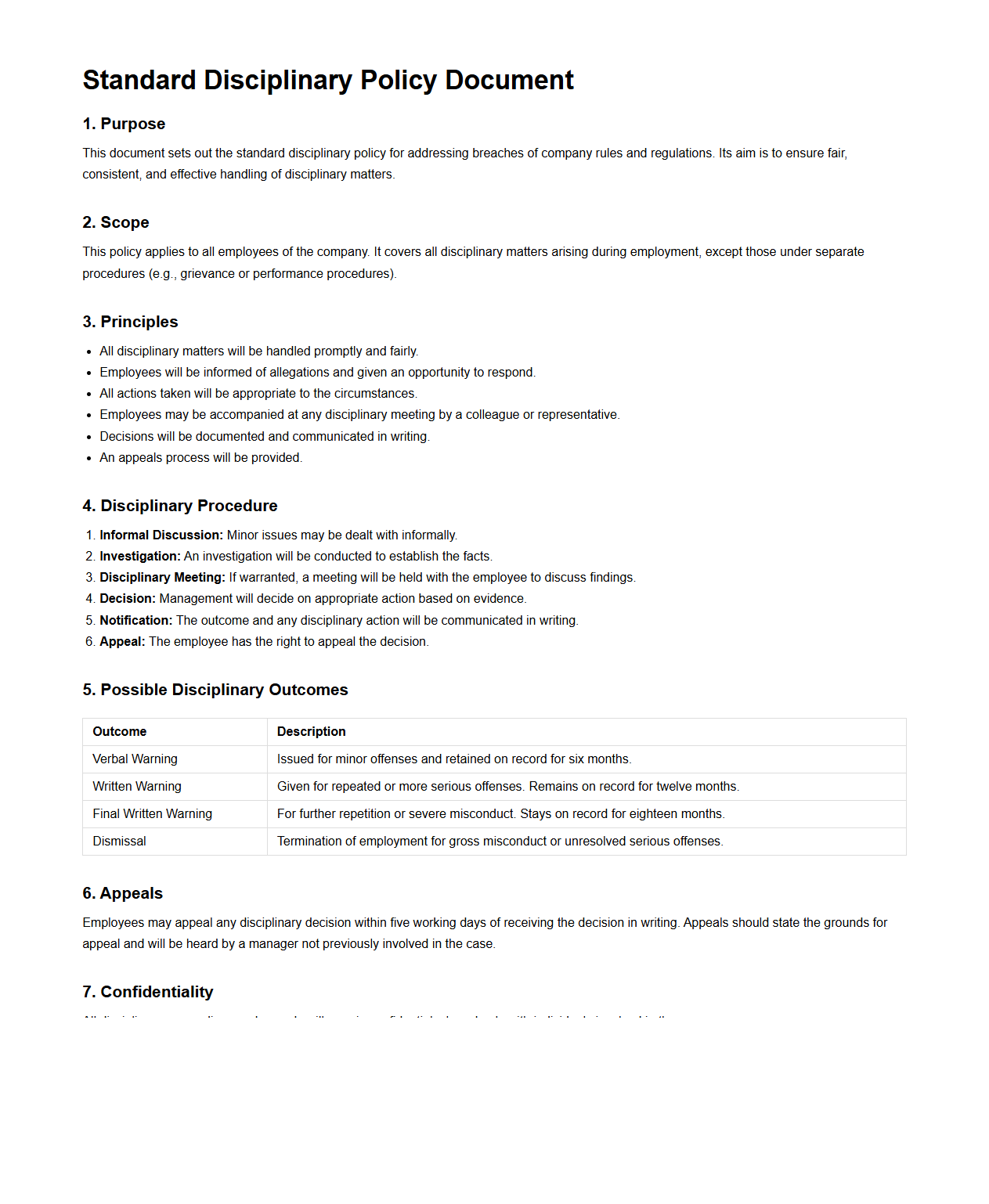 Standard Disciplinary Policy Document for HR