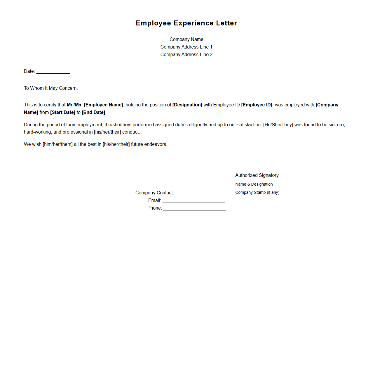 Standard Employee Experience Letter Layout