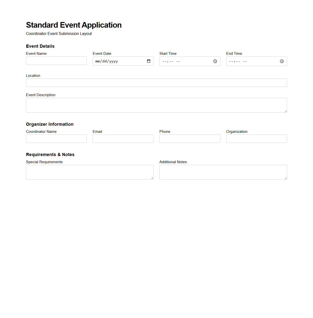 Standard Event Application Layout for Coordinators